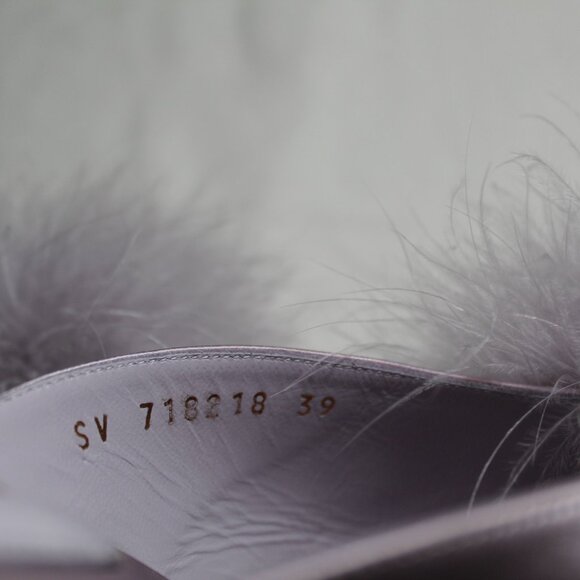 NWB Saint Laurent Paris Feather Pom Pom Kitten Heels Mules SlipOns Poly Grey 39 - Picture 7 of 9